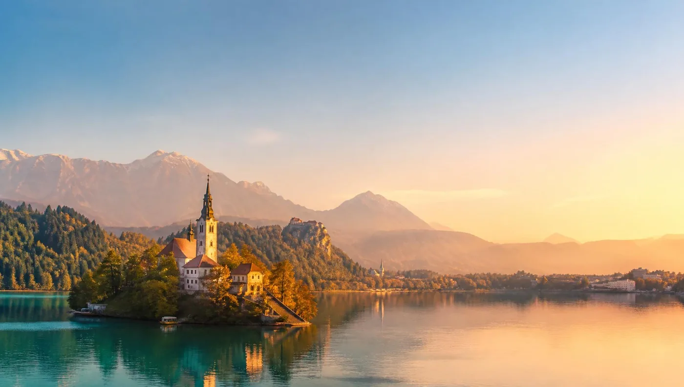 Lago di Bled, Slovenia al tramonto